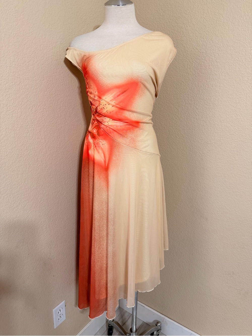 SHEIN Cream Midi Dress with Coral Floral Accent
